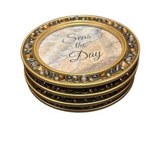 Dickson Gifts Seas The Day Amber Goldtone 4.5 Inch Jeweled Coaster Set of 4 NWOT
